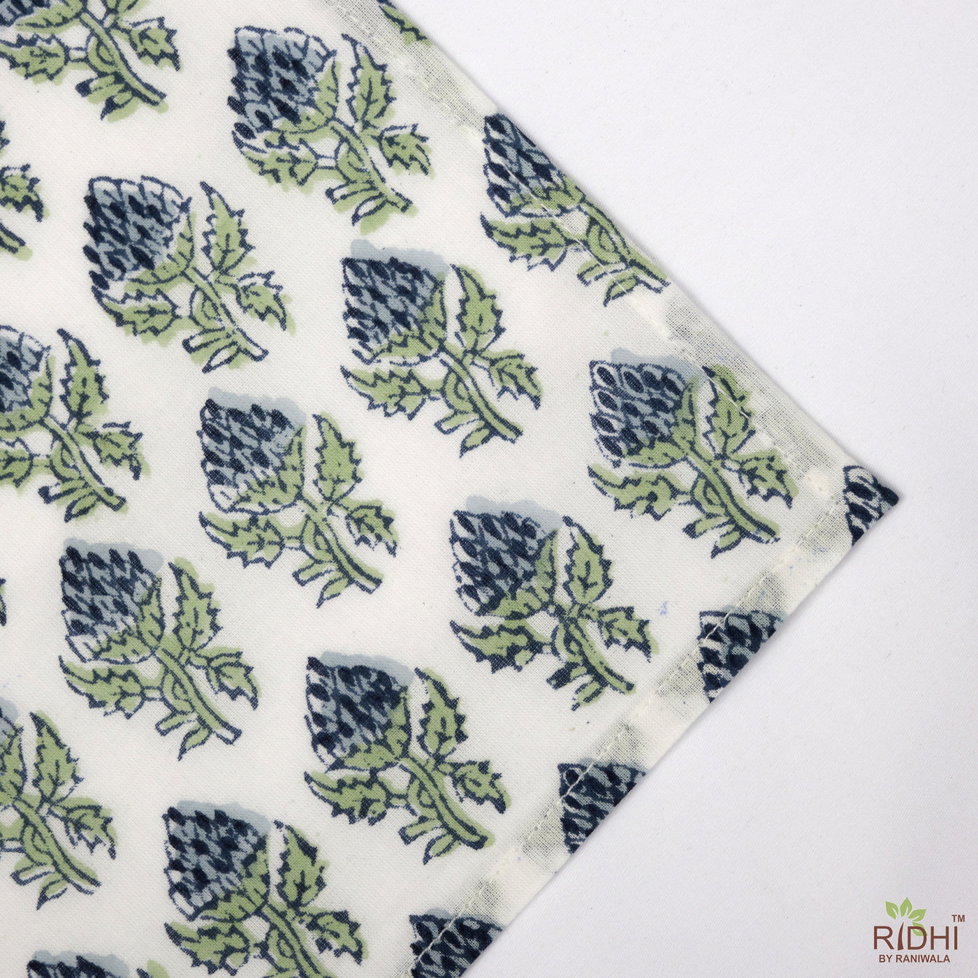Airforce Blue, Fern Green Indian Hand Block Floral Printed Cotton Cloth Napkins, Face Covers, 18x18"- Cocktail Napkins, 20x20"- Dinner Napkins