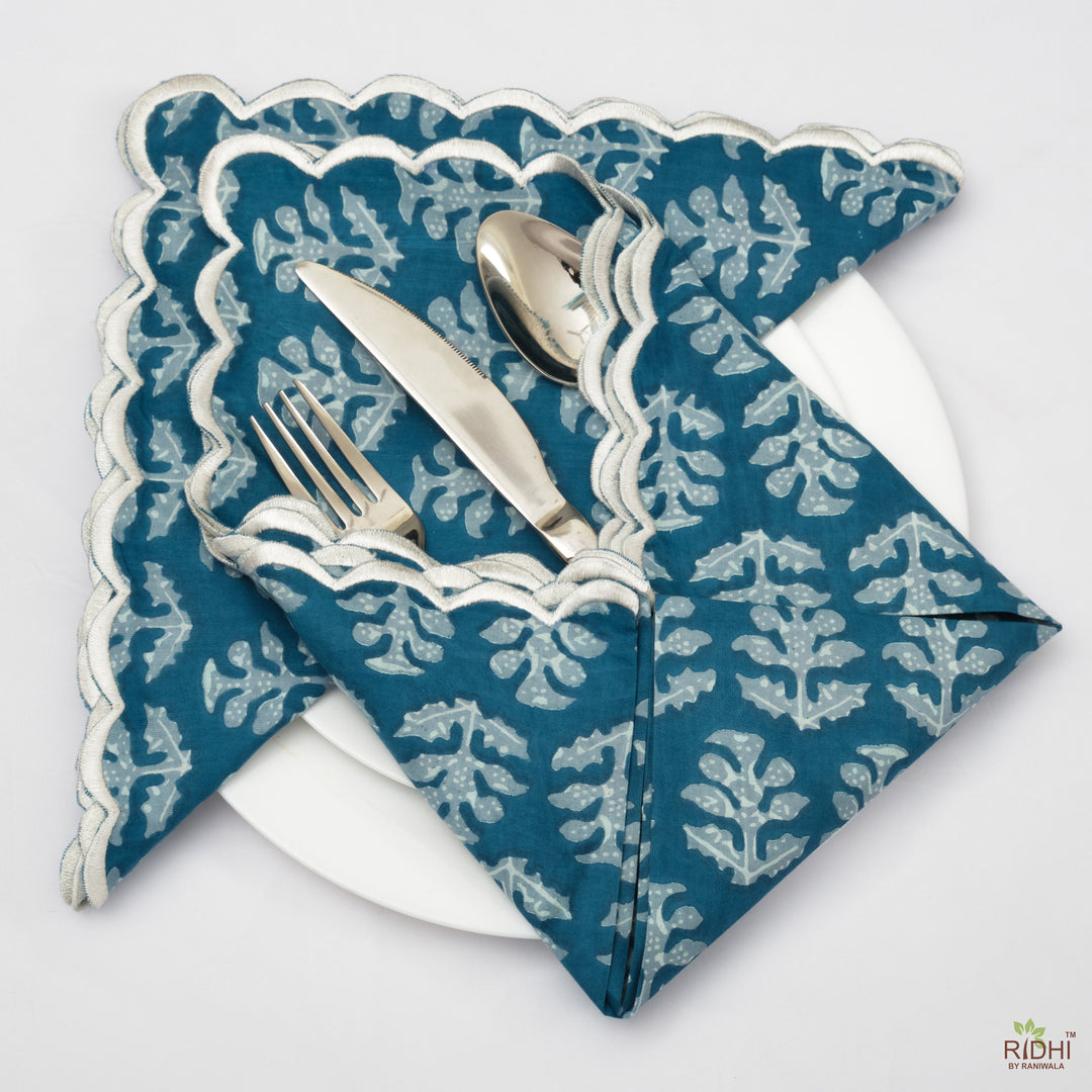 Teal Blue Off White Scalloped Table Napkins Indian Floral Hand Block Printed Pure Cotton Cloth Napkins, 9x9"- Cocktail Napkin, 20x20"- Dinner Napkins