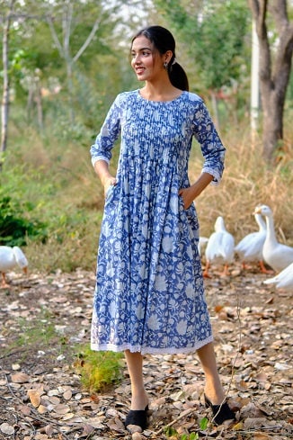 Long Kurti With Pockets, Indian Bridesmaids dress, Gift for her, Gift for Mom, Pleated Top with Lace, Summer Dress, India Block Print Top