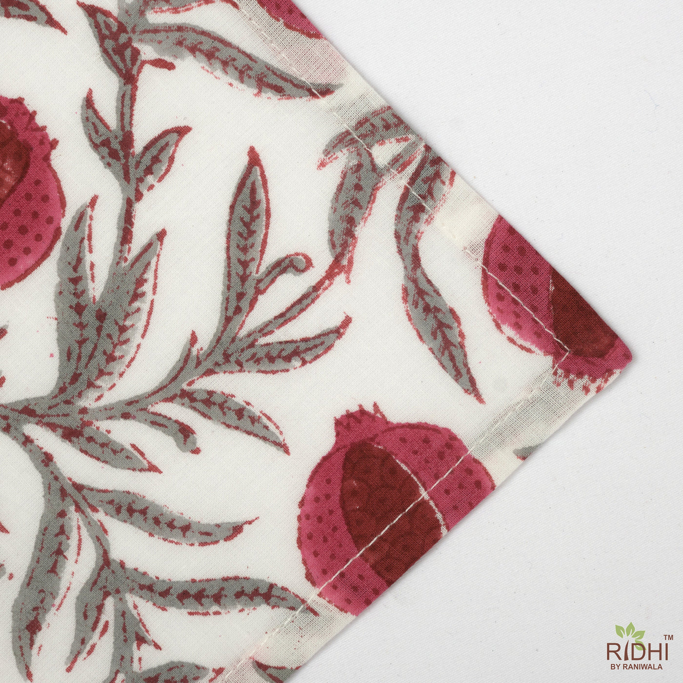 Fabricrush Thulian Pink, Red, Artichoke Green Indian Floral Hand Block Printed Cotton Cloth Napkins, 18x18"- Cocktail Napkins, 20x20"- Dinner Napkins