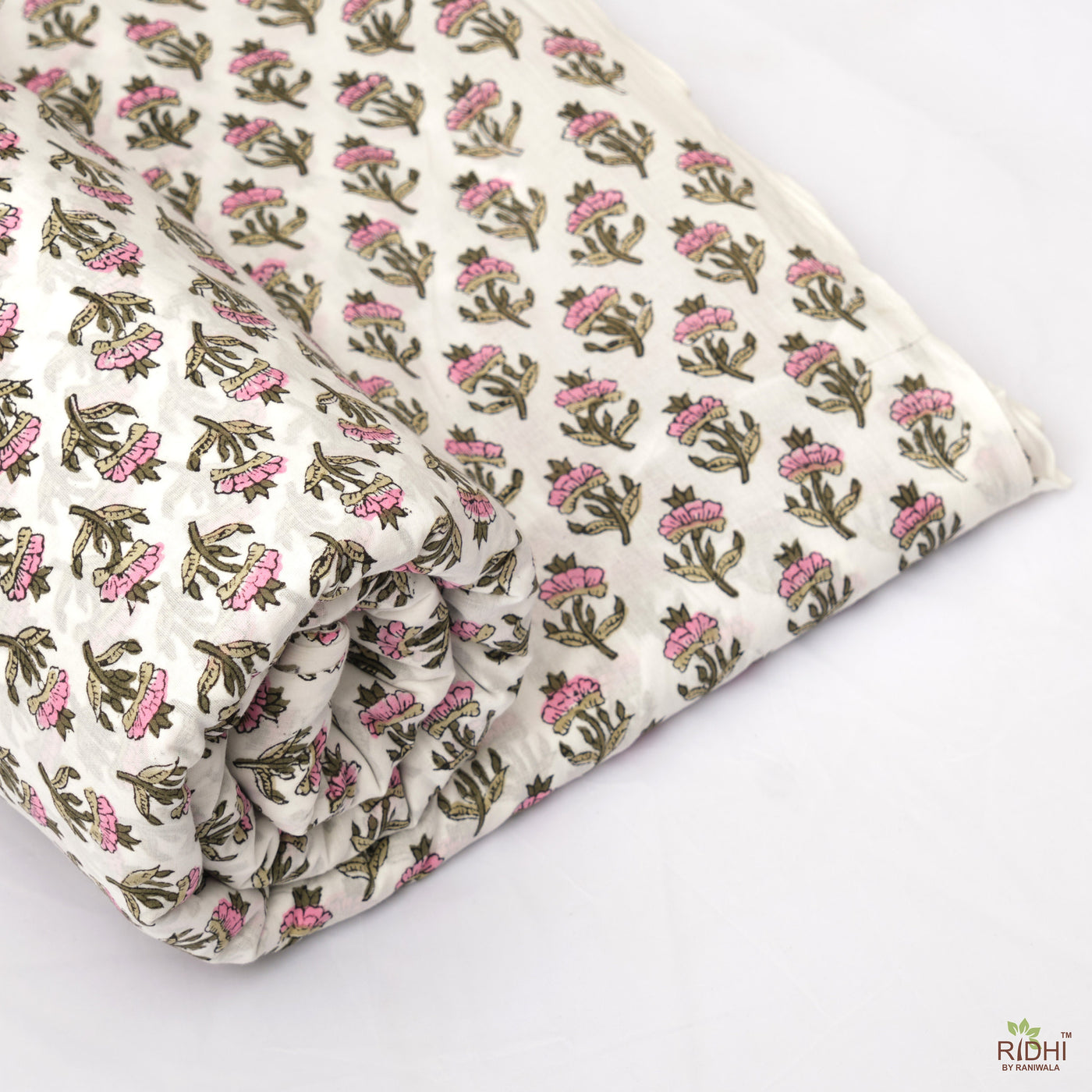 Taffy Pink, Asparagus and Army Green Indian Hand Block Printed 100% Pure Cotton Cloth, Fabric by the yard, Fabric for Women's Clothing Bags