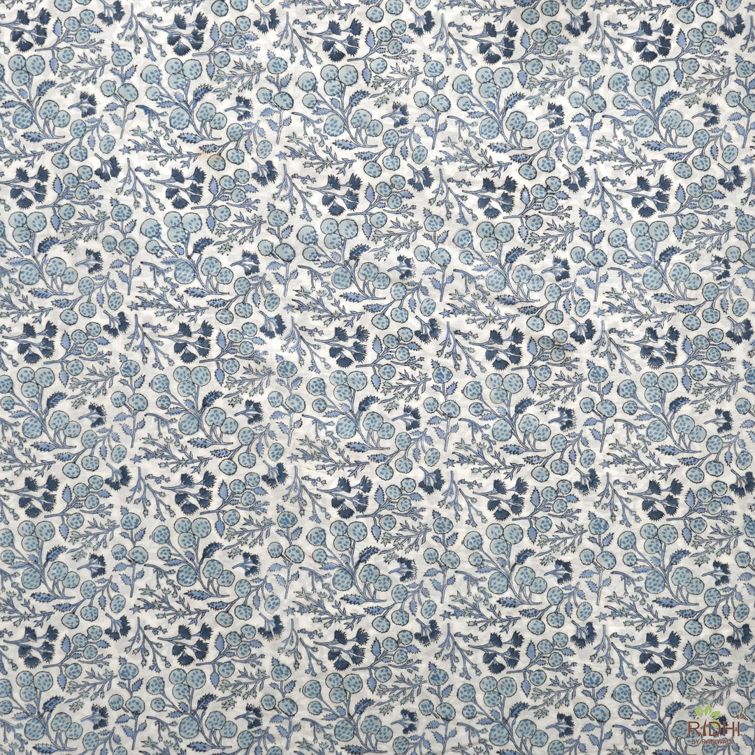 Denim and Baby Blue on White Hand-Block Printed Cotton Cloth