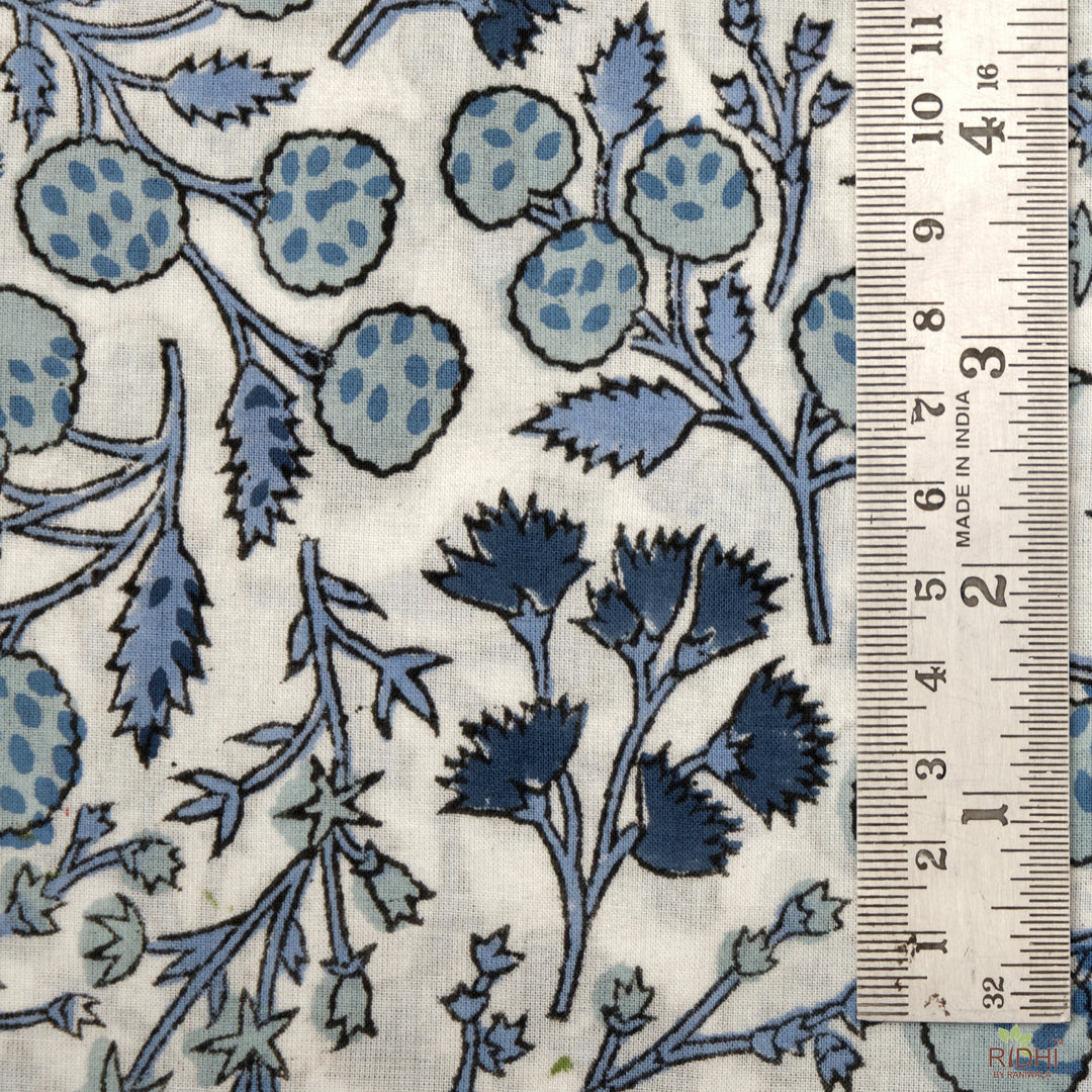 Denim and Baby Blue on White Hand-Block Printed Cotton Cloth