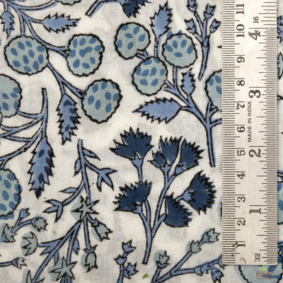 Denim and Baby Blue on White Indian Floral Hand Block Printed 100% Pure Cotton Cloth, Fabric by the yard, Fabric for Women's clothing Masks