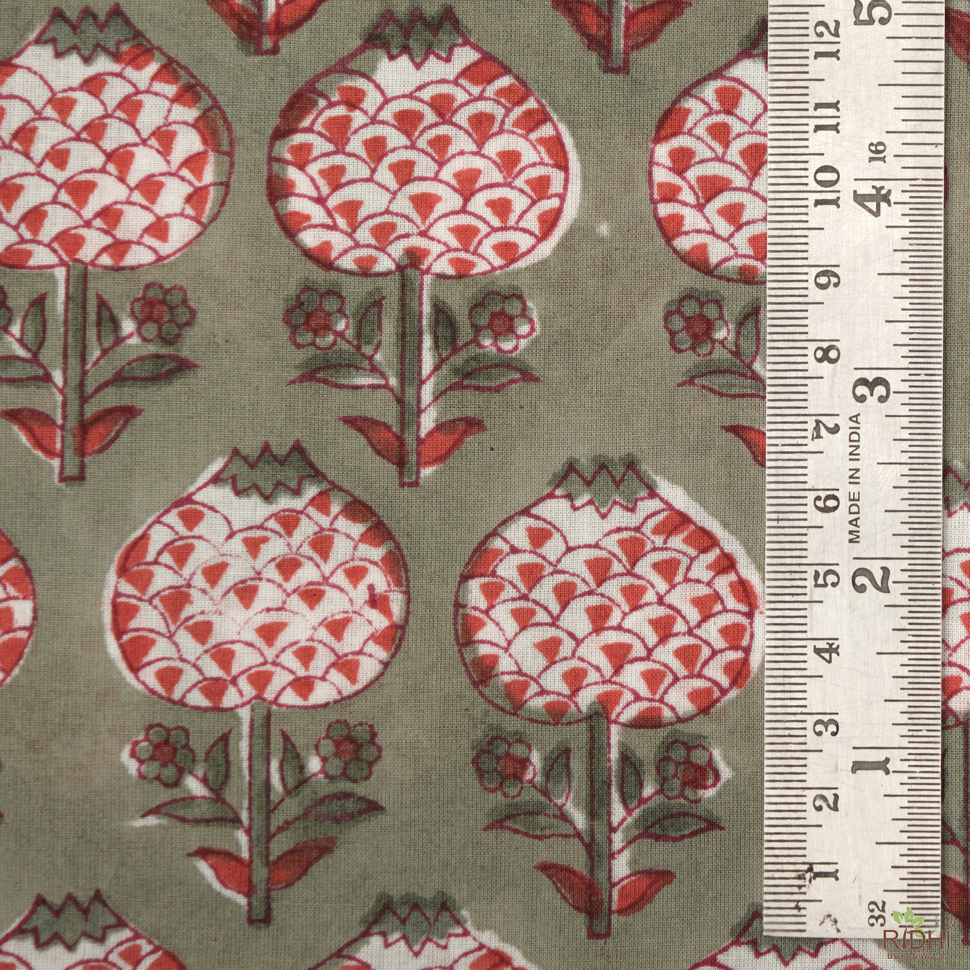 Sage Green, Cherry Red Indian Floral Hand Block Printed 100% Pure Cotton Cotton, Fabric by the yard, Fabric for Curtains Cushion Covers Bags