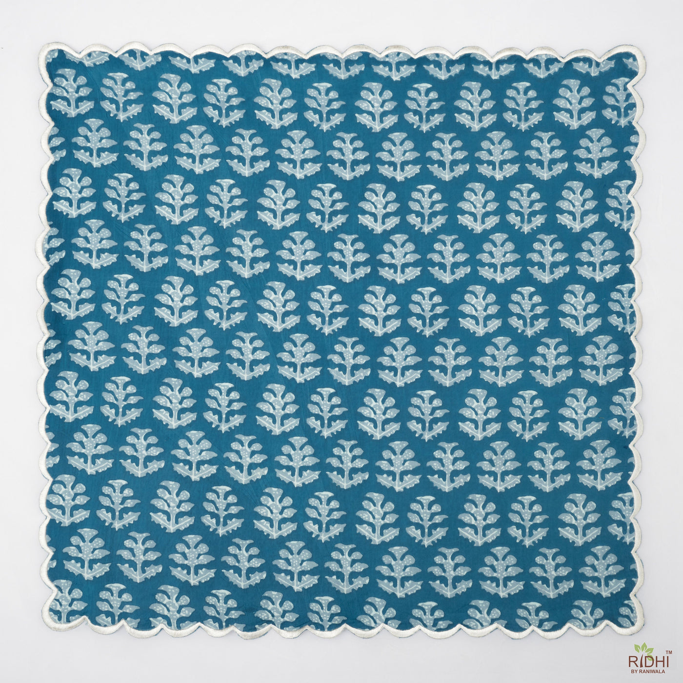 Teal Blue Off White Scalloped Table Napkins Indian Floral Hand Block Printed Pure Cotton Cloth Napkins, 9x9"- Cocktail Napkin, 20x20"- Dinner Napkins