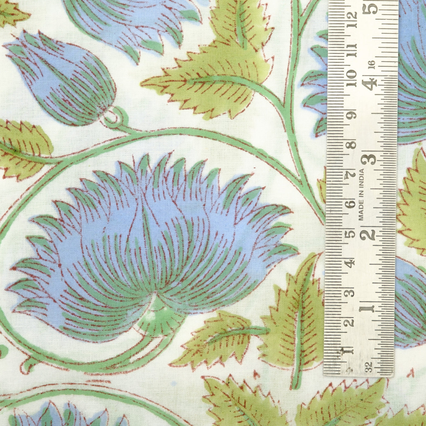 Cornflower Blue, Russian Green Indian Floral Hand Block Printed 100% Pure Cotton Cloth, Fabric by the yard, Women's Clothing Curtains Pillow