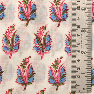 Watermelon Pink, Blue de France, Olive Green Indian Floral Hand Block Printed Printed 100% Pure Cotton Cloth, Fabric by the yard, Curtains