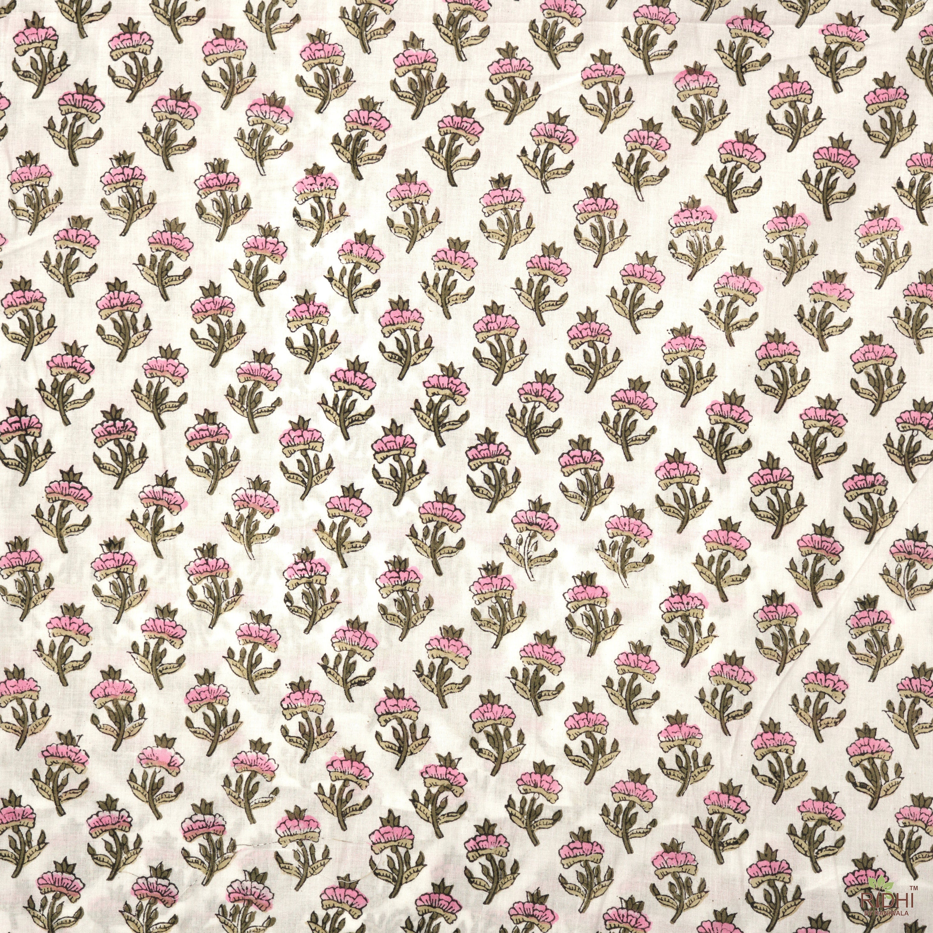 Taffy Pink, Asparagus and Army Green Hand-Block Printed Cotton Cloth