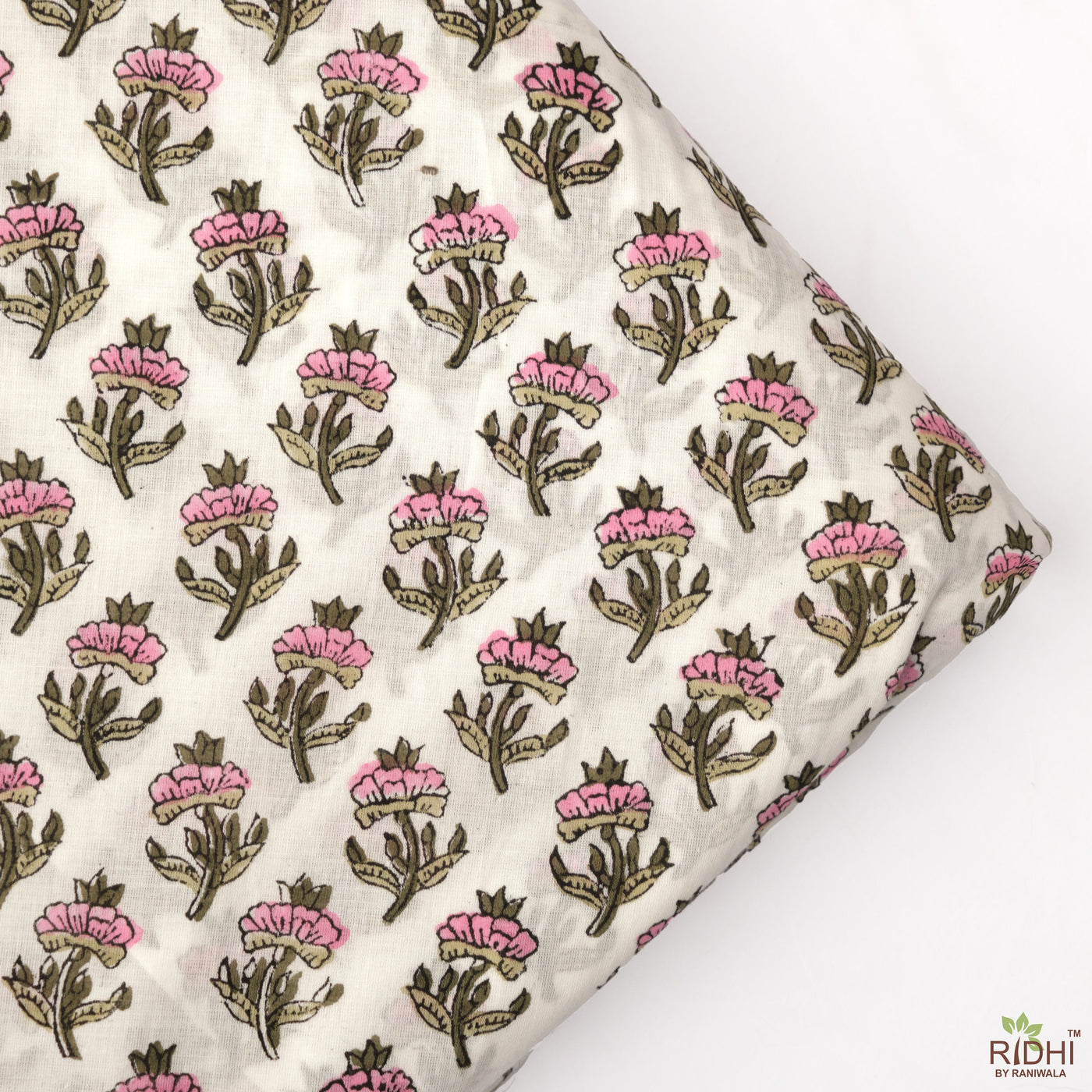 Taffy Pink, Asparagus and Army Green Indian Hand Block Printed 100% Pure Cotton Cloth, Fabric by the yard, Fabric for Women's Clothing Bags