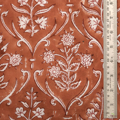 Tawny Brown and White Indian Floral Hand Block Floral Printed 100% Pure Cotton Cloth, Fabric by the yard, Fabric for Curtains Pillows Bags