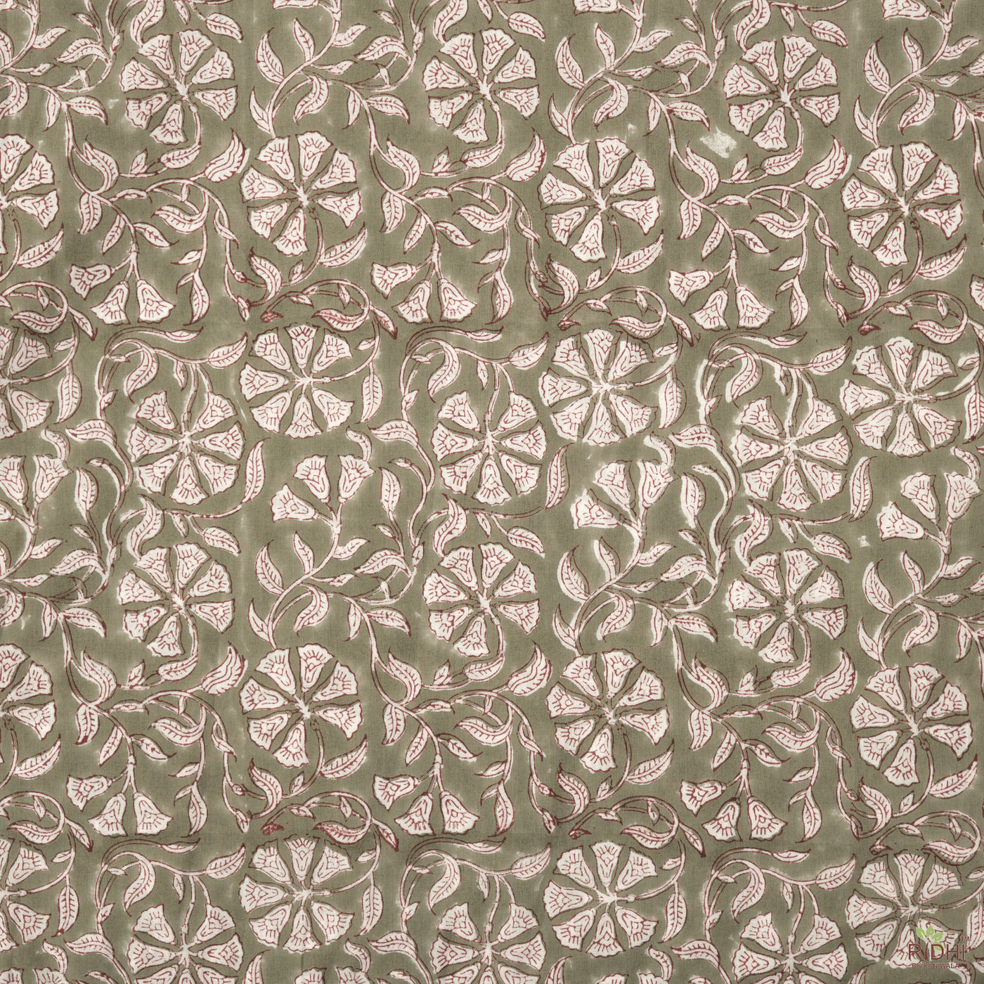 Artichoke Green and White Indian Floral Hand Block Printed 100% Pure Cotton Cloth, Fabric by the yard, Women's Clothing Curtains Duvet Cover