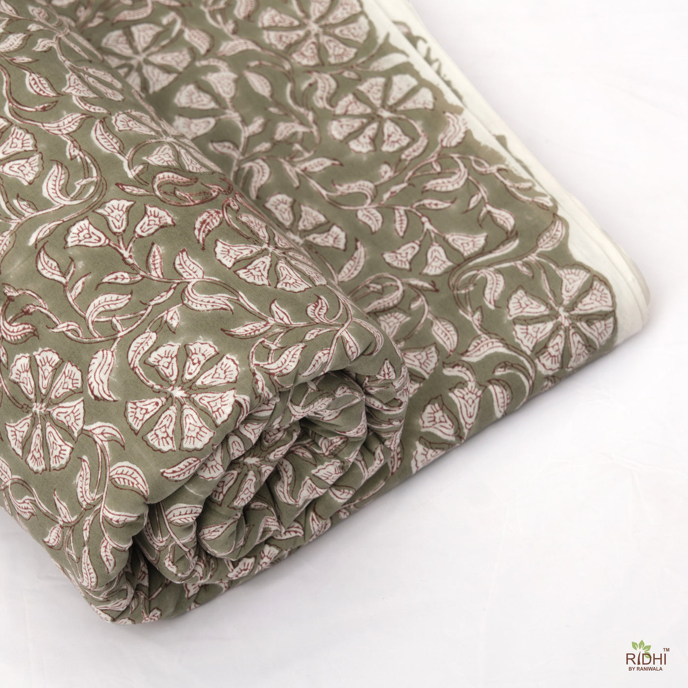 Artichoke Green and White Indian Floral Hand Block Printed 100% Pure Cotton Cloth, Fabric by the yard, Women's Clothing Curtains Duvet Cover