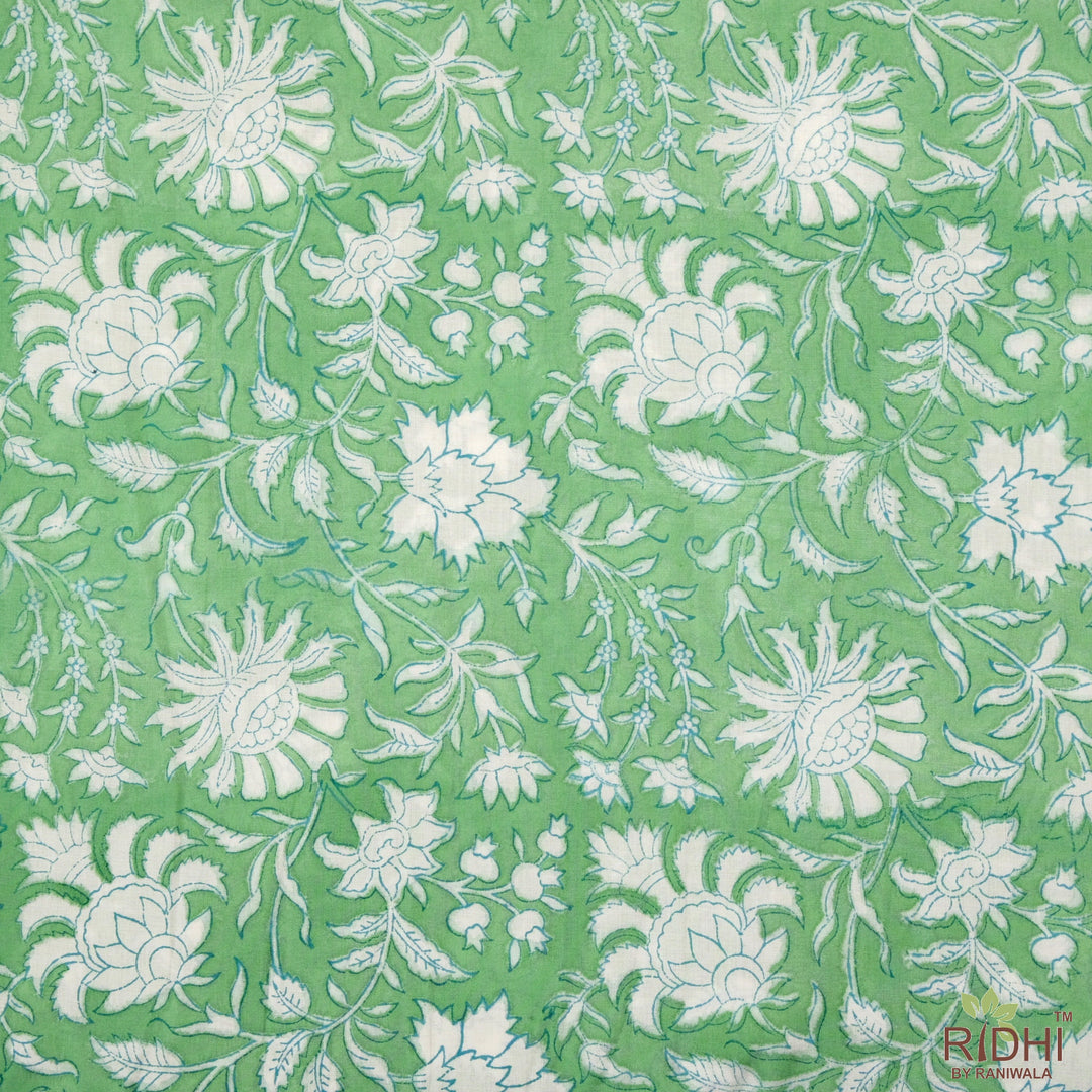 Fabricrush Mint Green and White Indian Floral Hand Block Printed Block Printed Cotton Cloth, Fabric by the yard, Women's Clothing Curtains Pillows Bags, Valentine's day, Spring, Easter