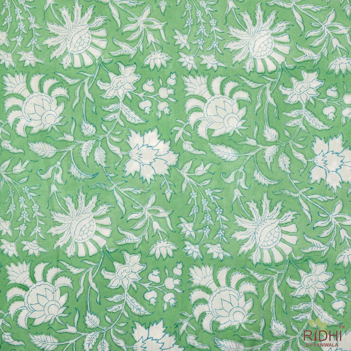 Fabricrush Mint Green and White Indian Floral Hand Block Printed Block Printed Cotton Cloth, Fabric by the yard, Women's Clothing Curtains Pillows Bags, Valentine's day, Spring, Easter