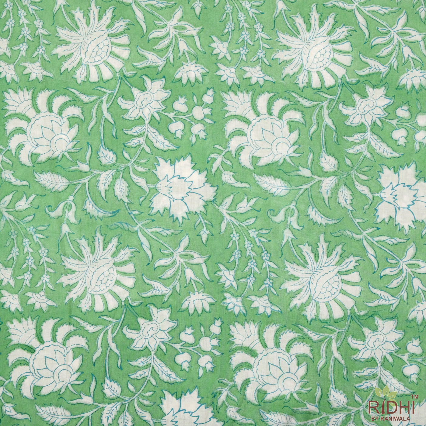 Mint Green and White Indian Floral Hand Block Printed Block Printed Cotton Cloth, Fabric by the yard, Women's Clothing Curtains Pillows Bags