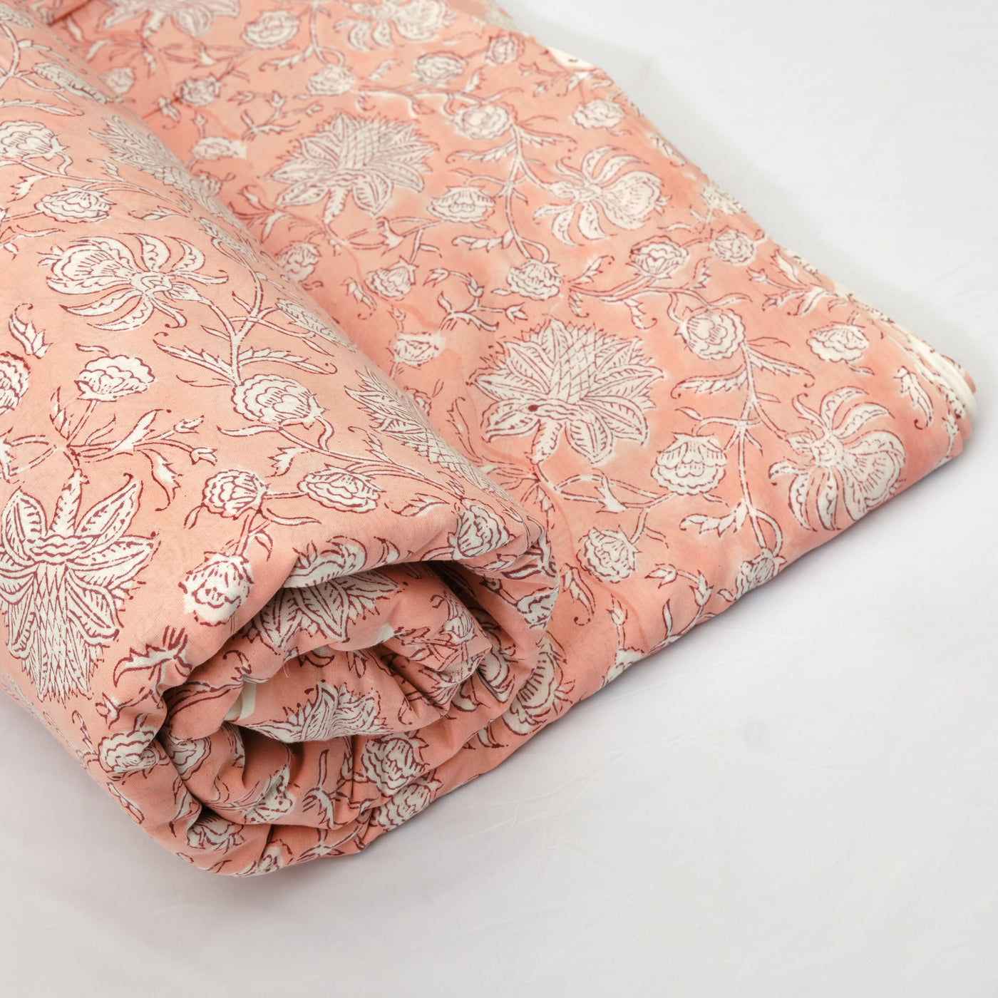 Fabricrush Salmon Pink & Off White Indian Floral Hand Block Printed 100% Pure Cotton Cloth, Fabric by the yard, Women's Clothing Curtains Pillows Bags