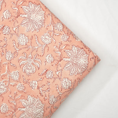 Salmon Pink & Off White Indian Floral Hand Block Printed 100% Pure Cotton Cloth, Fabric by the yard, Women's Clothing Curtains Pillows Bags