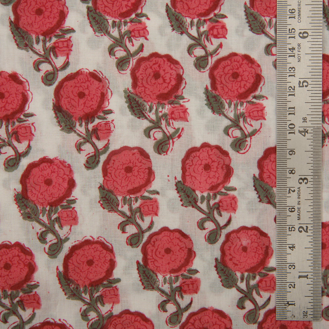 Raspberry Red, Army Green Indian Floral Hand Block Printed 100% Pure Cotton Cloth, Women's clothing, Fabric for Curtains Pillows Dresses Bag