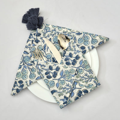 Denim and Baby Blue on Off White Indian Floral Hand Block Printed Pure Cotton Cloth Napkins, 9x9"- Cocktail Napkins, 20x20"- Dinner Napkins