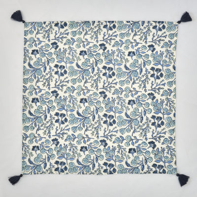 Denim and Baby Blue on Off White Indian Floral Hand Block Printed Pure Cotton Cloth Napkins, 9x9"- Cocktail Napkins, 20x20"- Dinner Napkins