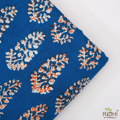 Fabricrush Prussian Blue, Red and White Indian Floral Printed 100% Pure Cotton Cloth, Fabric by the yard, Women's clothing Curtains Pillows Cushion Bag