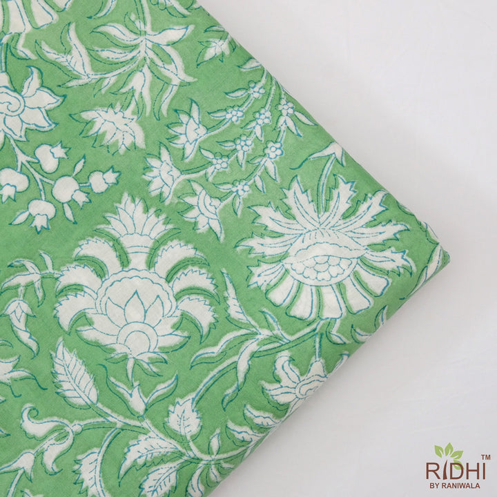 Fabricrush Mint Green and White Indian Floral Hand Block Printed Block Printed Cotton Cloth, Fabric by the yard, Women's Clothing Curtains Pillows Bags, Valentine's day, Spring, Easter