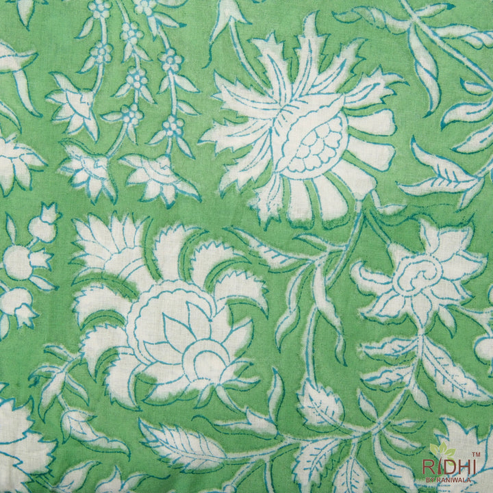 Fabricrush Mint Green and White Indian Floral Hand Block Printed Block Printed Cotton Cloth, Fabric by the yard, Women's Clothing Curtains Pillows Bags, Valentine's day, Spring, Easter