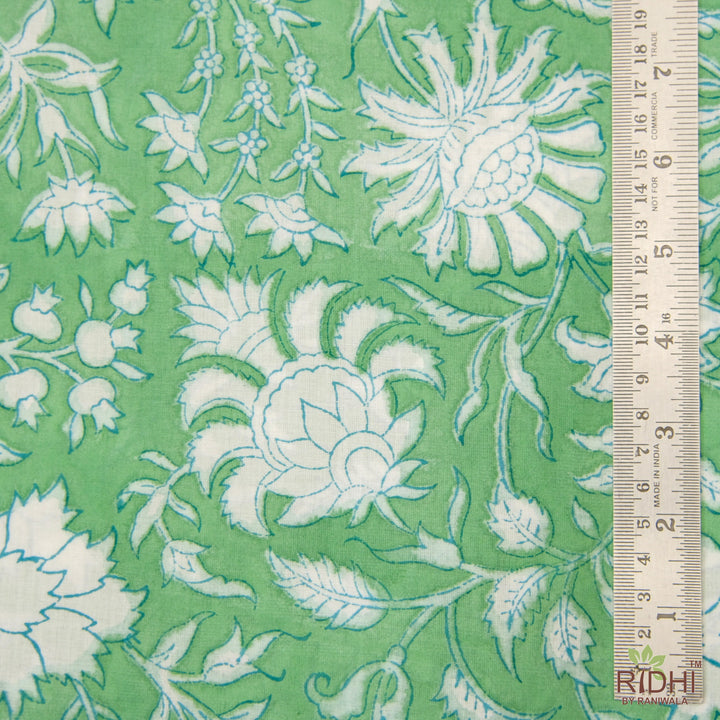 Fabricrush Mint Green and White Indian Floral Hand Block Printed Block Printed Cotton Cloth, Fabric by the yard, Women's Clothing Curtains Pillows Bags, Valentine's day, Spring, Easter