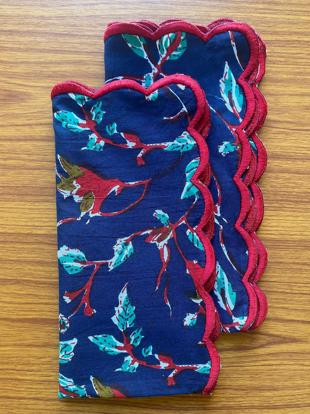 Fabricrush Dark Blue, Vermillion Red, Pine Green Indian Floral Printed 100% Pure Cotton Cloth Napkins, 18x18"- Cocktail Napkins, 20x20"- Dinner Napkins, Valentine's day, Spring, Easter