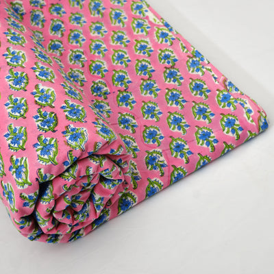 Rouge Pink, Corona Blue Indian Hand Block Printed 100% Pure Cotton Cloth, Fabric by the yard, Women's Clothing Curtains Pillows Cushions Bag