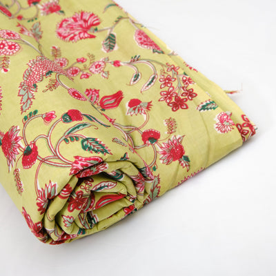 Flax Yellow, Ruby Red, Emerald Green Indian Floral Printed 100% Pure Cotton Cloth, Fabric by the Yard, Women's Clothing Curtains Pillows Bag