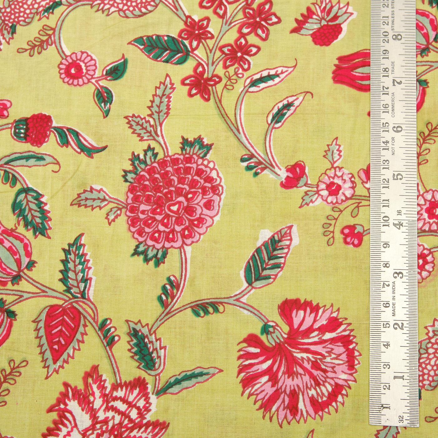 Fabricrush Flax Yellow, Ruby Red, Emerald Green Indian Floral Printed 100% Pure Cotton Cloth, Fabric by the Yard, Women's Clothing Curtains Pillows Bag