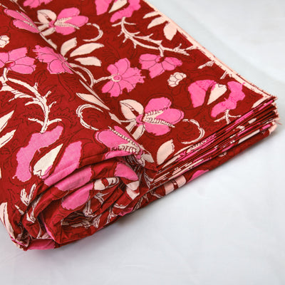Mahogany, Thulian and Watermelon Pink Indian Floral Printed 100% Pure Cotton Cloth, Fabric by the yard, Women's Clothing Curtains Pillows
