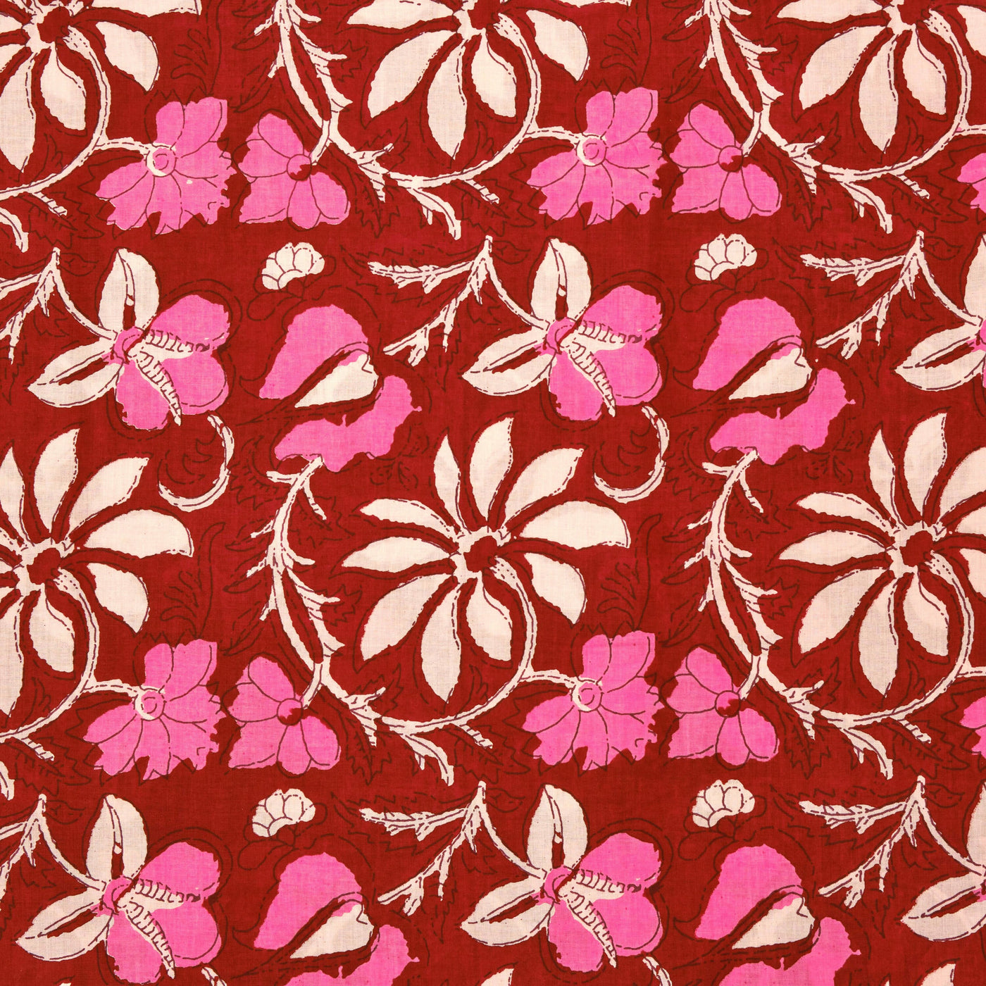 Mahogany, Thulian and Watermelon Pink Indian Floral Printed 100% Pure Cotton Cloth, Fabric by the yard, Women's Clothing Curtains Pillows