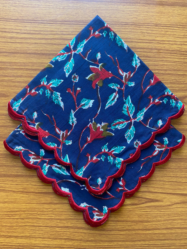 Fabricrush Dark Blue, Vermillion Red, Pine Green Indian Floral Printed 100% Pure Cotton Cloth Napkins, 18x18"- Cocktail Napkins, 20x20"- Dinner Napkins, Valentine's day, Spring, Easter