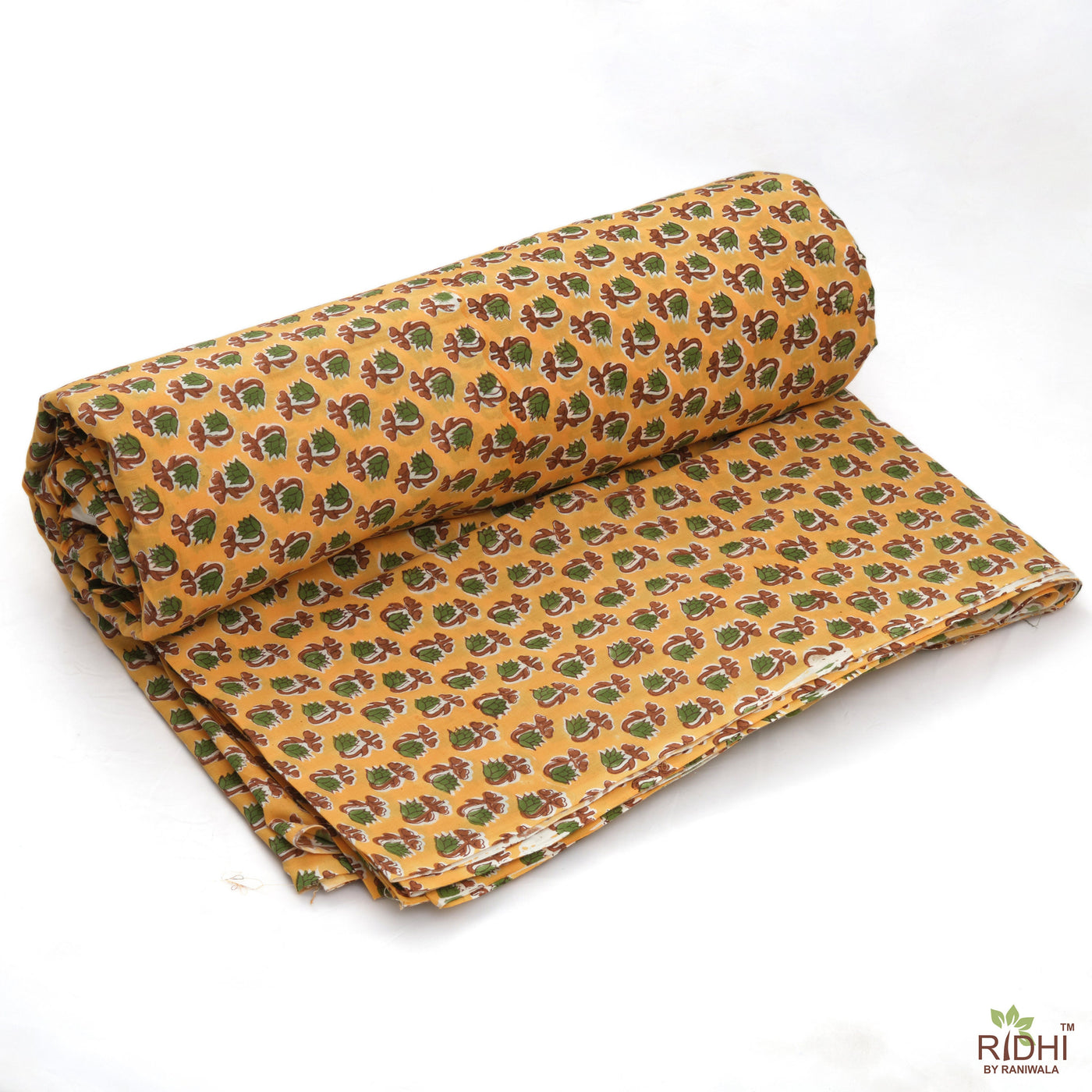 Yellow, Olive Green, Brown Indian Floral Hand Block Printed 100% Pure Cotton Cloth, Fabric by the yard, Women's Clothing Curtains Pillow Bag