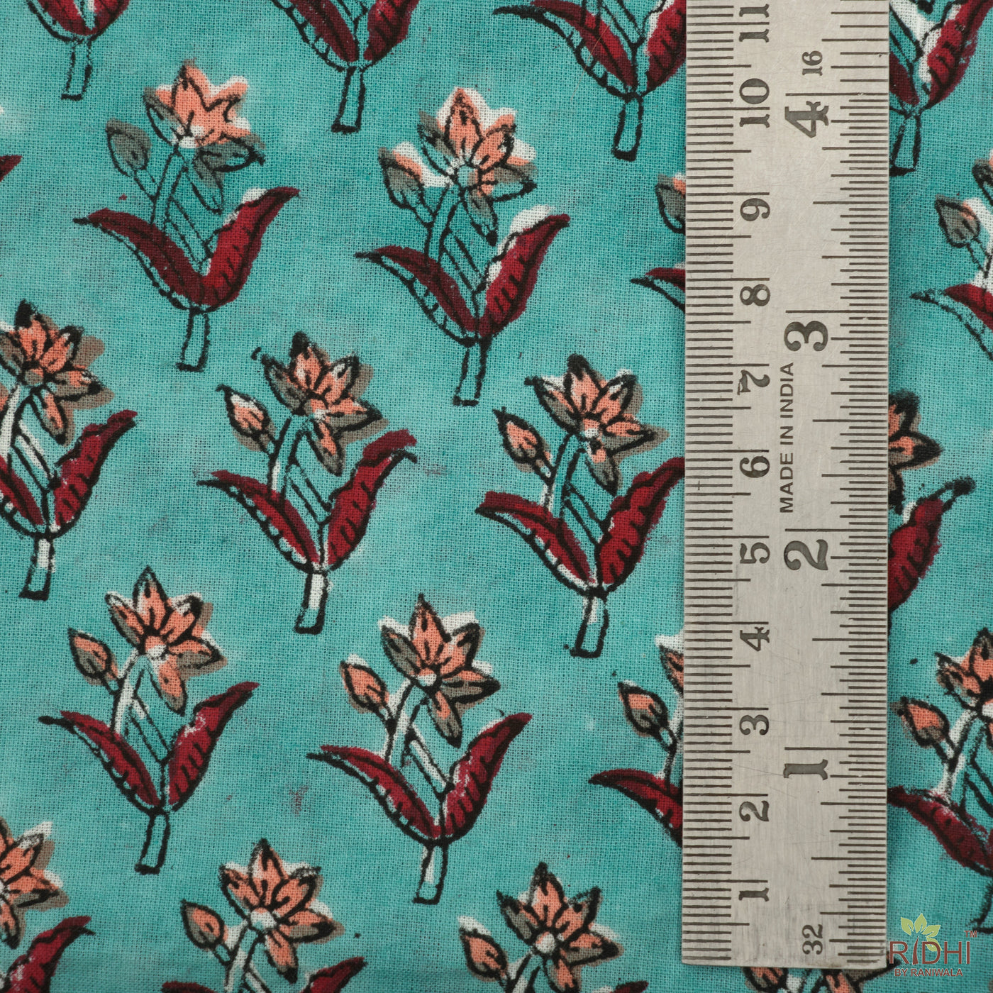 Teal Blue, Mahogany, Salmon Pink Floral Indian Hand Block Printed 100% Cotton Cloth Fabric by the Yard, Women's Dresses Curtains Duvet Cover