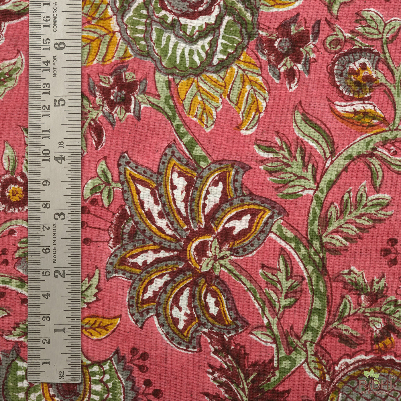 Thulian Pink, Fern Green, Tuscan Yellow Indian Floral Hand Block Printed 100% Pure Cotton Cloth, Fabric by the yard, Womens Clothing Curtain
