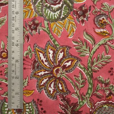 Fabricrush Thulian Pink, Fern Green, Tuscan Yellow Indian Floral Hand Block Printed 100% Pure Cotton Cloth, Fabric by the yard, Womens Clothing Curtain