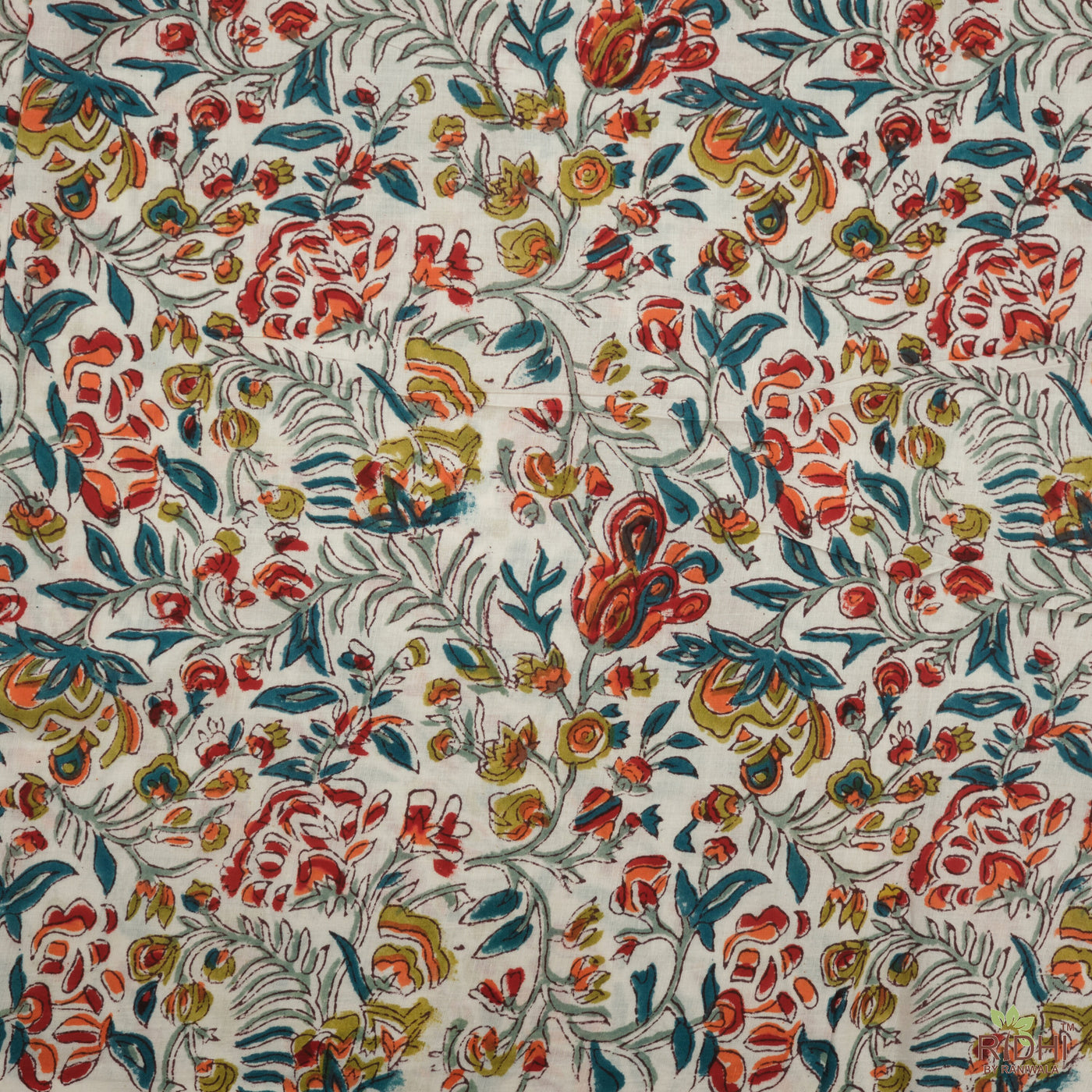 Sangria Red, Ginger Orange, Pine Green Indian Floral Hand Block Printed 100% Pure Cotton Cloth, Fabric by the yard, Curtains Pillows Cushion