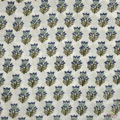 Dark Blue Sky, Adriatic Blue, Tea Green Indian Floral Hand Block Printed 100% Pure Cotton Cloth, Fabric by yard, Women's clothing Curtains
