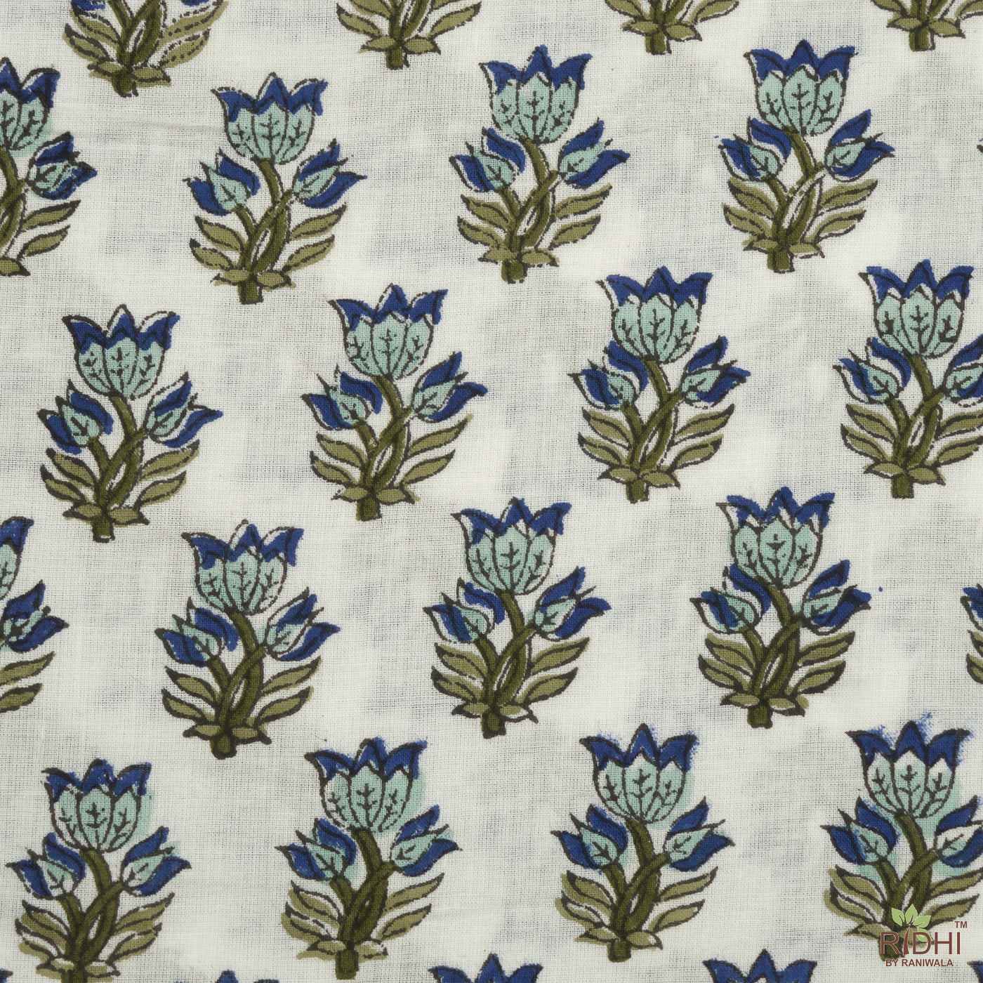 Dark Blue Sky, Adriatic Blue, Tea Green Indian Floral Hand Block Printed 100% Pure Cotton Cloth, Fabric by yard, Women's clothing Curtains