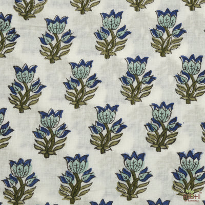 Fabricrush Dark Blue Sky, Adriatic Blue, Tea Green Indian Floral Hand Block Printed 100% Pure Cotton Cloth, Fabric by yard, Women's clothing Curtains