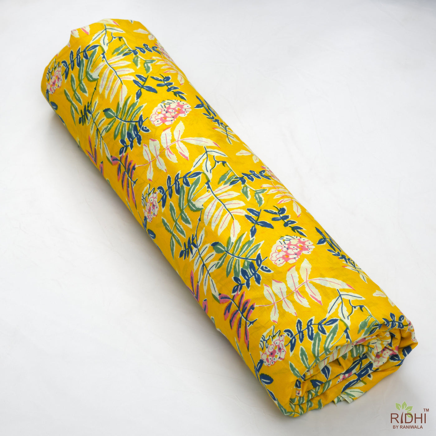 Amber Yellow, Prussian Blue, Green Indian Floral Printed 100% Pure Lightweight Cotton Cloth, Fabric by the yard, Curtains Pillow Covers Bags