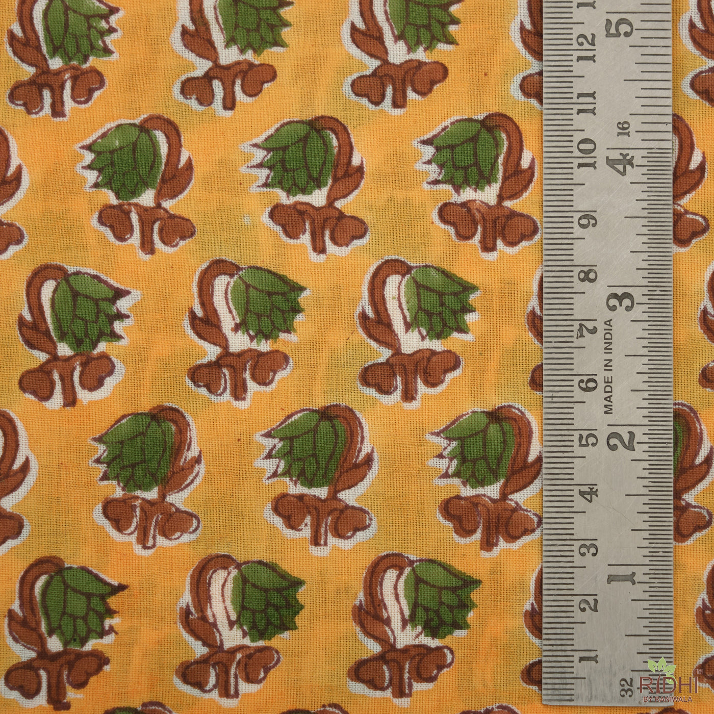 Yellow, Olive Green, Brown Indian Floral Hand Block Printed 100% Pure Cotton Cloth, Fabric by the yard, Women's Clothing Curtains Pillow Bag