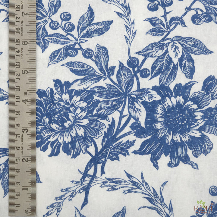 Fabricrush Incremental Blue and White Indian Floral Printed 100% Pure Cotton Cloth, Fabric for Curtains, Upholstery Fabric, Fabric by the Yard, Curtain, Valentine's day, Spring, Easter