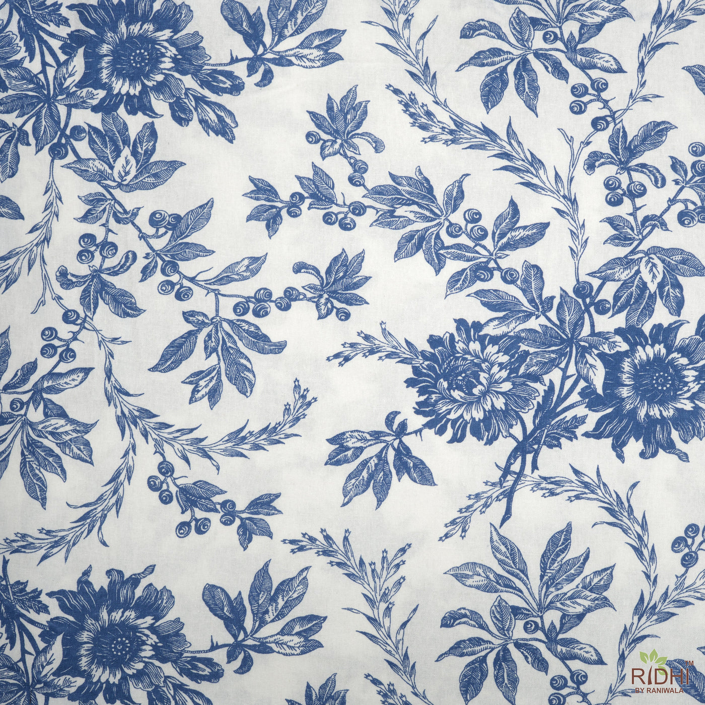 Incremental Blue and White Indian Floral Printed 100% Pure Cotton Cloth, Fabric for Curtains, Upholstery Fabric, Fabric by the Yard, Curtain