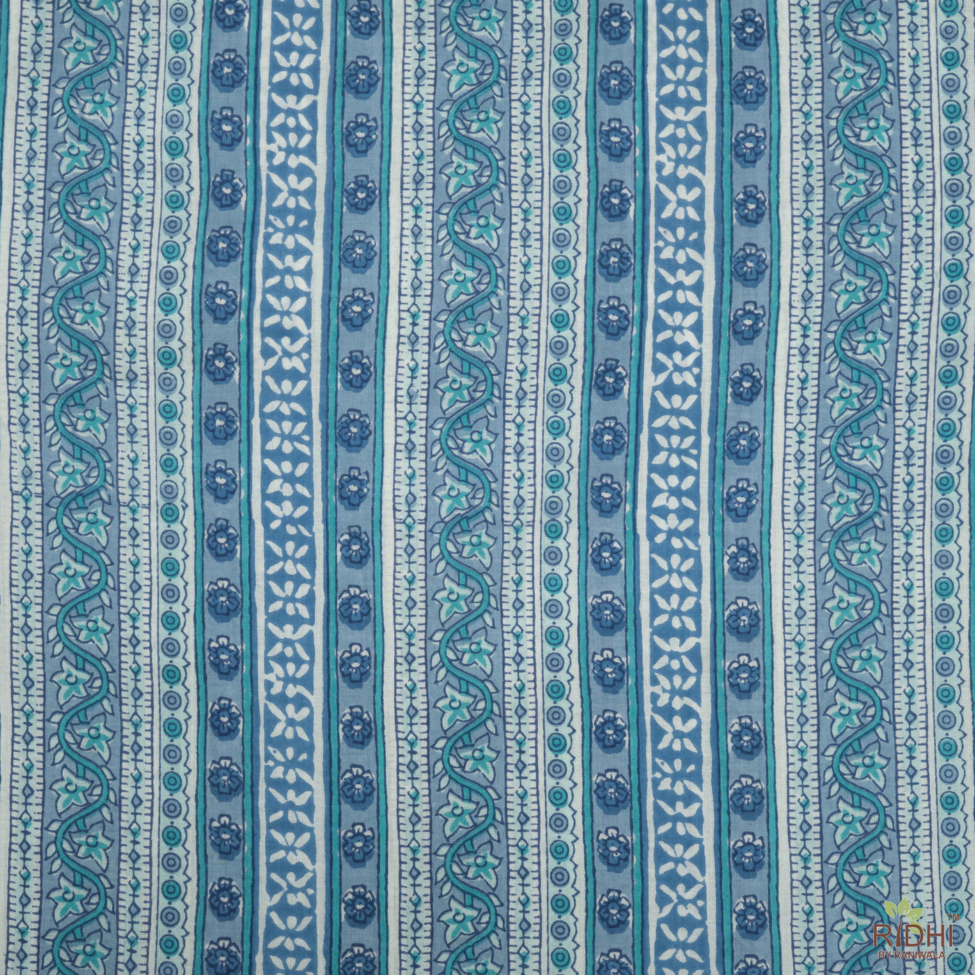 Stone and Teal Blue Indian Floral Printed 100% Pure Cotton Cloth, Fabric by the yard, Women's clothing Curtains Pillows Napkins Dresses Bags