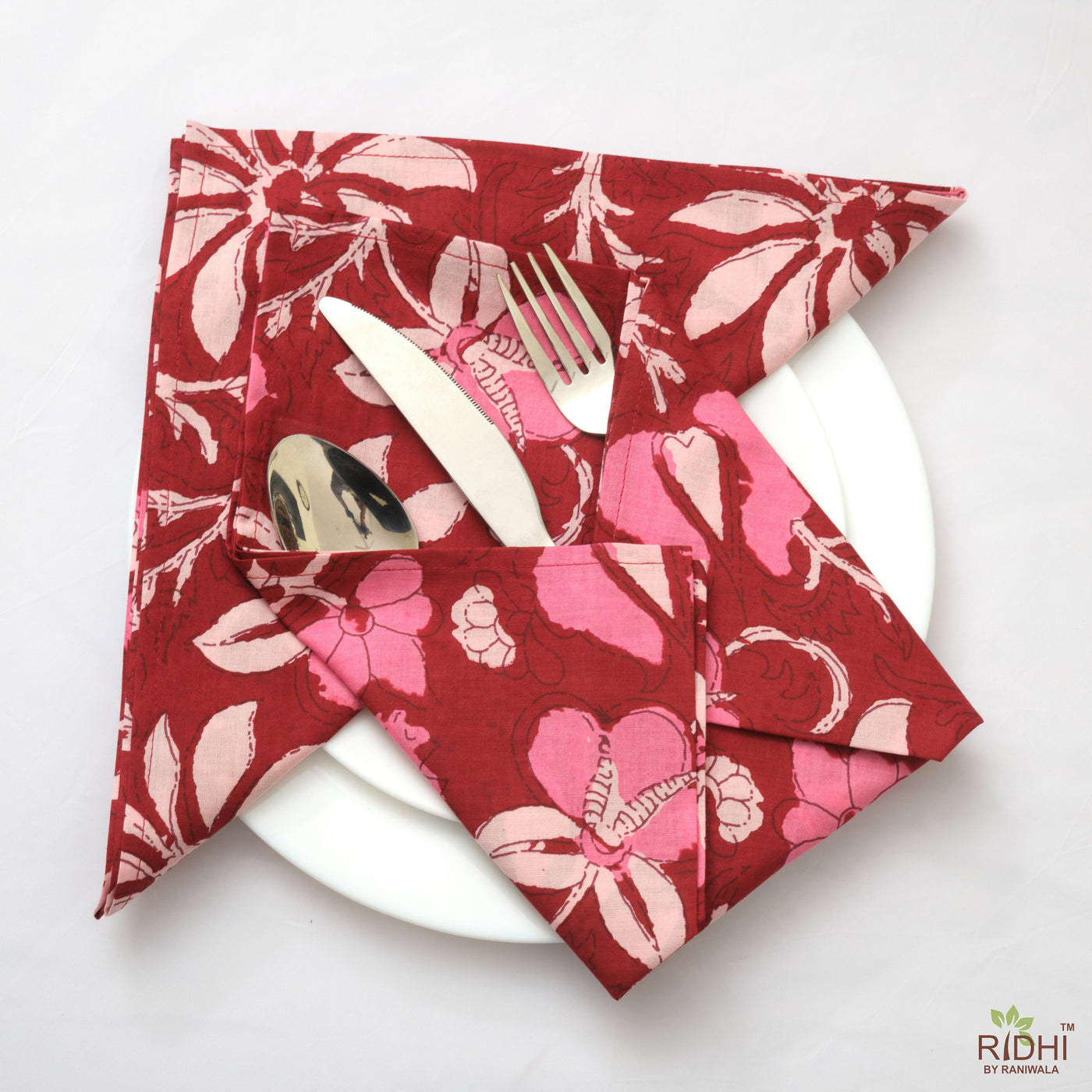 Fabricrush Mahogany, Thulian and Watermelon Pink Floral Indian Printed 100% Pure Cotton Cloth Napkins, 18x18"- Cocktail Napkins, 20x20"- Dinner Napkins